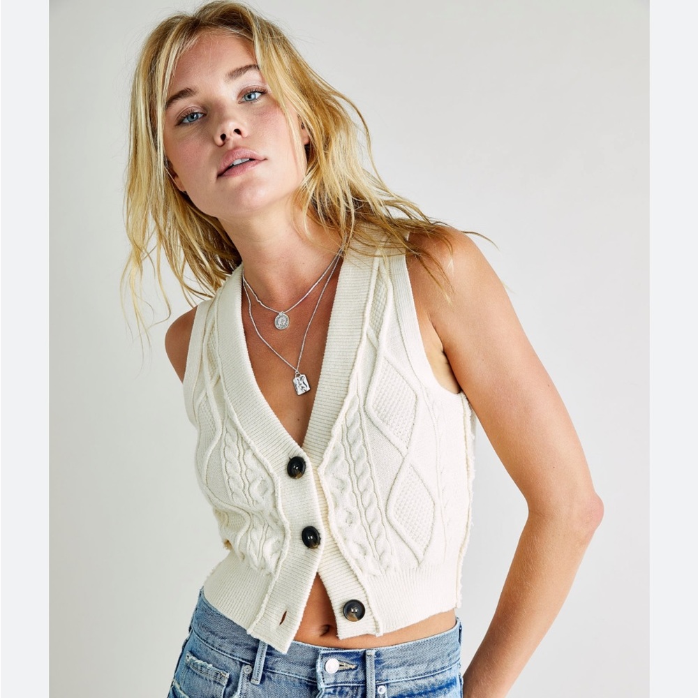 Free People Denison Cable Sweater Vest, Button Vest, Ivory, XS, New Condition